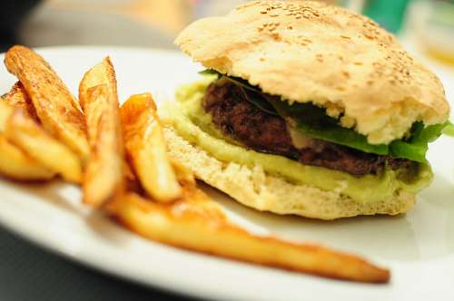 close-up, hambúrguer, alimento, carne, frita