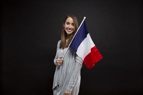 nacionalidade Mulher, com, bandeira francesa