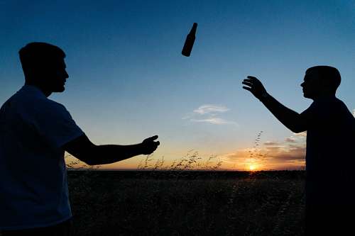Homens, tendo, um, soda, em, pôr do sol