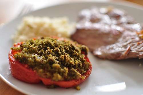recheio Comida, prato, vista frontal, carne, tomate, rel