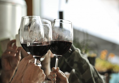 Grupo de amigos brindando para o novo ano de 2018 com taças de vinho