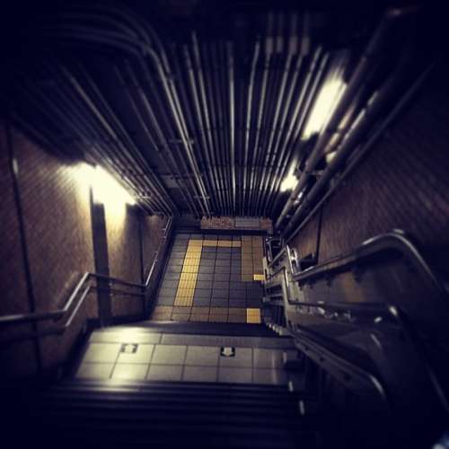 escadas, passos, metrô, metrô, descer, noite, l