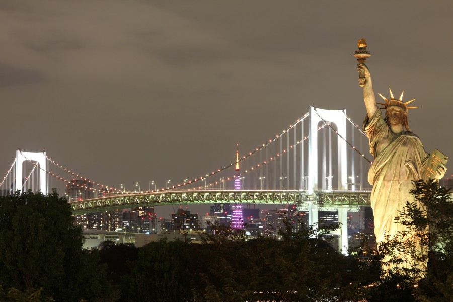 Nova iorque, estatua liberdade, noite, iluminado, cidade, eua, eua, américa do norte,