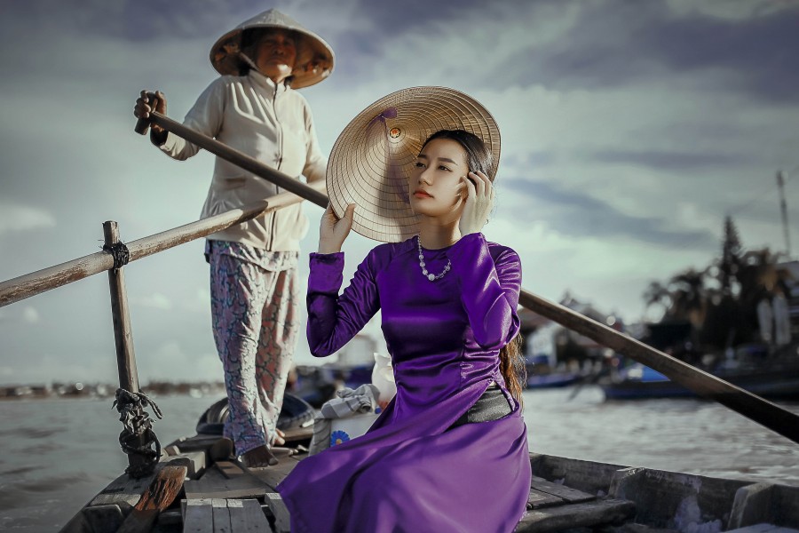 Rio, japão, gôndola, pessoas, homem, mulher, transporte, chapéu, asiático, ásia, gôndola