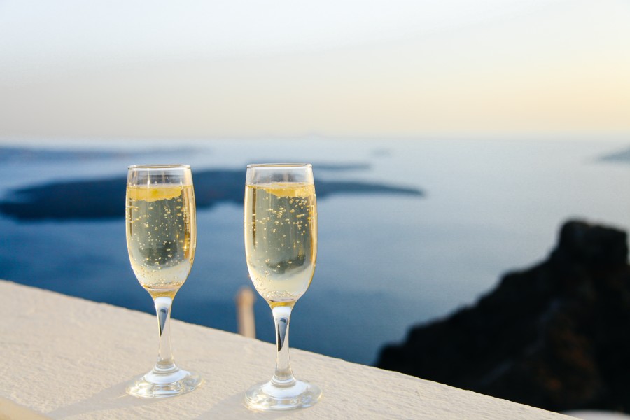 champanhe, vidros, vidro, dois, bolhas, bebida, alcoólico, vidro, viagem, feriado, paisagem, mar, costa, brinde, amor,