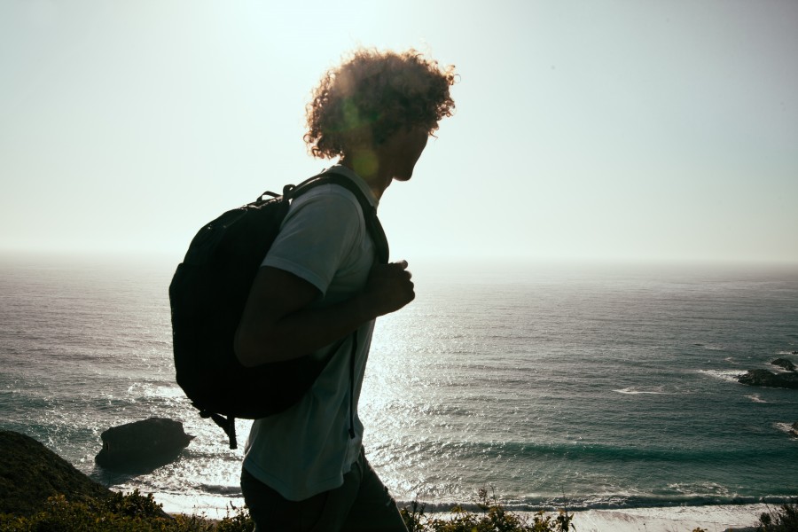 homem, jovem, viagem, mochila, rolo, bobes, costa, passeio, viagem, férias, uma pessoa,