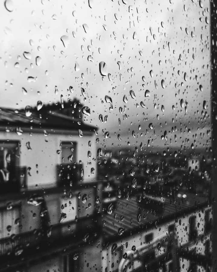 chuva, gotas, janela, gota, preto e branco, dia, mau tempo, chuvoso, urbano, tristeza, melancolia, ninguém,