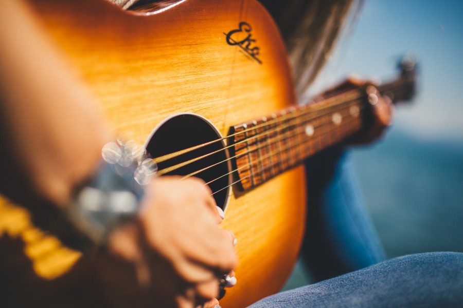 guitarra, música, instrumento, cordas, mãos