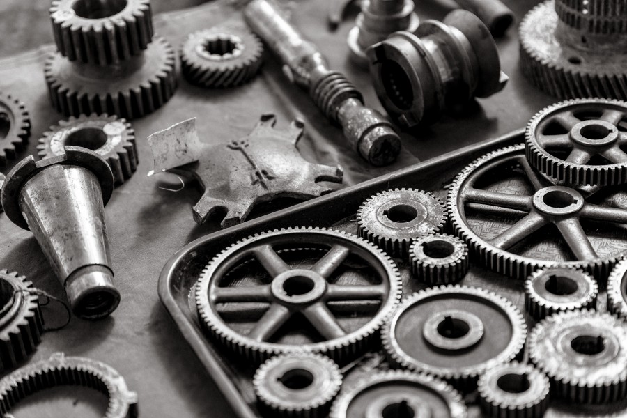 maquinaria, parte, peças, motor, engrenagem, engrenagens, preto e branco, desmontar, desmontar,