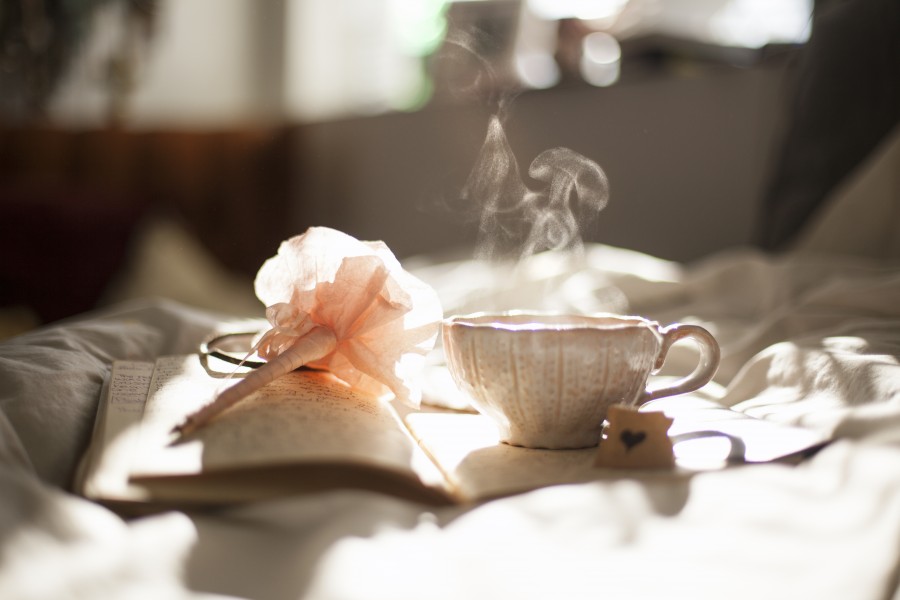 xícara de chá, livro, diário, quente, crônica, cama, manhã, cedo, café da manhã,