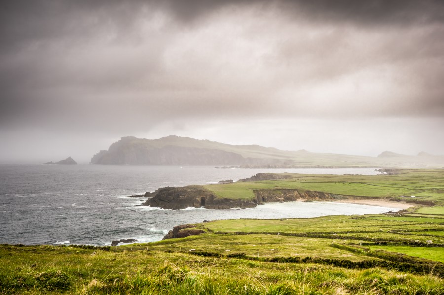 irlanda, ilha, paisagem, costa, península, dingle, europa, nuvem, nuvens, nublado, tempestade, ninguém, verde, ilhas, costeiro, zona rural, nevoeiro, névoa,