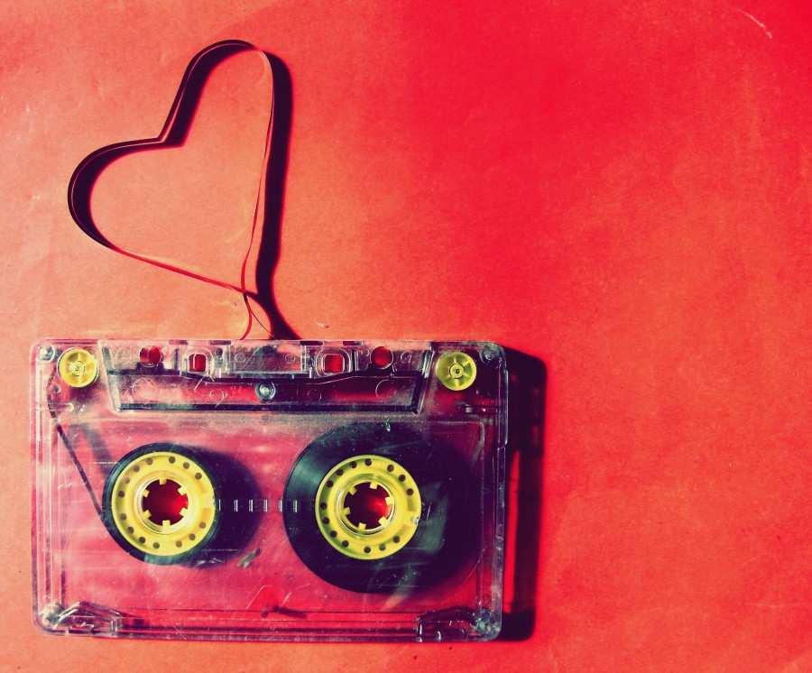 amor, cassete, vermelho, fita, música, velho, vintage, magnético, coração, paixão, conceito,