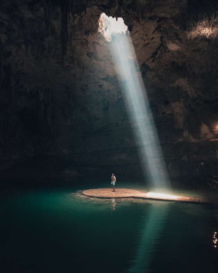 cenote, caverna, caverna, interior, lago, água, méxico, riviera maya, raio de luz, aventura, homem, férias,