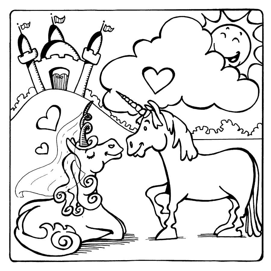 unicórnios, castelo, coração, amor, sol, feliz, bonito, mágico, fantasia, conto de fadas, reino, desenhos animados, página para colorir