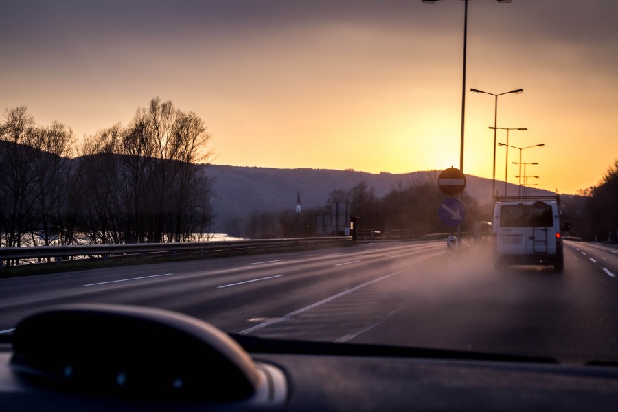 rua, rota, rodovia, rodovia, manhã, cedo, pôr do sol, pôr do sol, contra as mãos, sinal, tráfego,