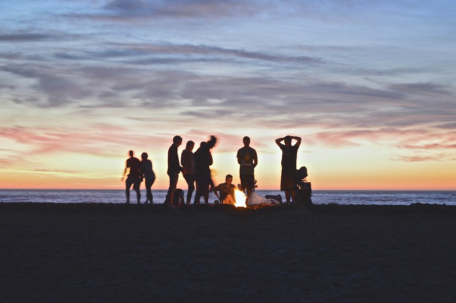 floresta, praia, pôr do sol, dia, fogueira, pessoas, grupo, amigos, amizade, celebração, celebração, costa, mar, verão, jovem,