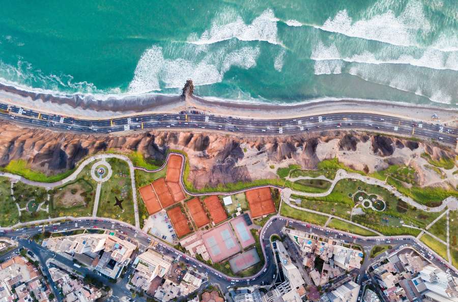 Paisagem urbana, Drone Pov, Lima, Peru, Oceano Pacífico, Vista aérea, Avenida, Litoral, Costa, praia, Miraflores, Cidade, Paisagem urbana, América Latina,

