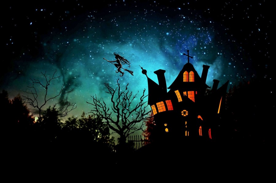Ilustração, bruxa, casa, assombrada, assombrada, halloween, noite, mistério, magia, vassoura, voar, voar,