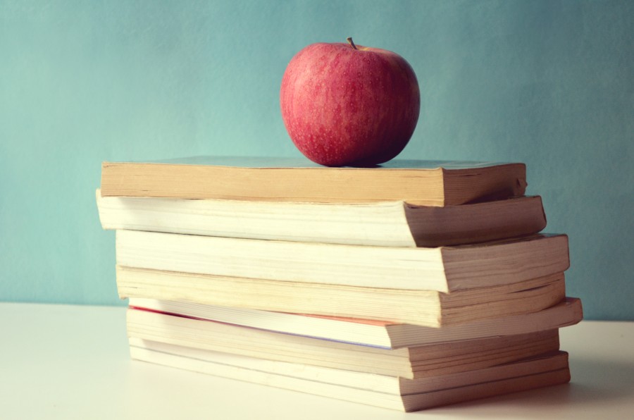 educação, maçã, frutas, livro, livros, conceito, escola, faculdade,