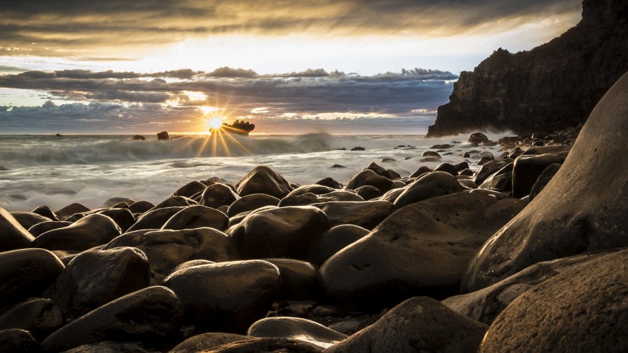 amanhecer, marina, nova zelândia, paisagem, hd papel de parede, rochas, mar, navio, sol, nuvens