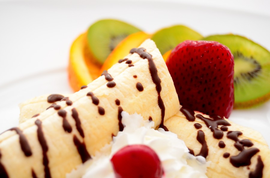 sobremesa, banana, doce, frutas, fruta, morango, fundo branco, refeições,