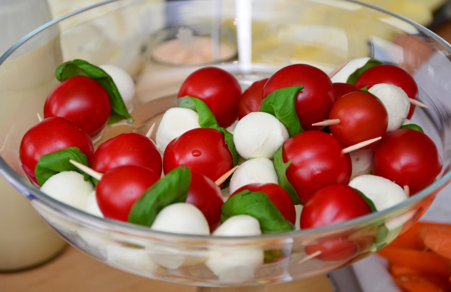 salada, tomate, cereja, mozzarella, queijo, tigela, nutrição, refeições, saudável, cozinhar, close-up, capresse, manjericão,