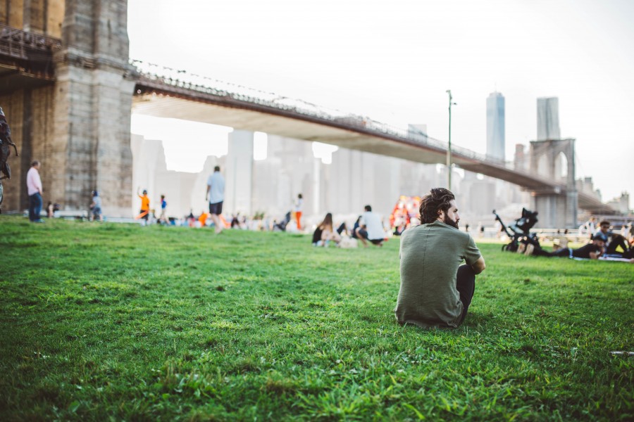 adulto jovem, homem, pessoas, grama, ponte, arquitetura, cidade de nova york, urbano, cidade de nova york, edifícios, estilo de vida, tempo de lazer, ao ar livre, eua, eua,