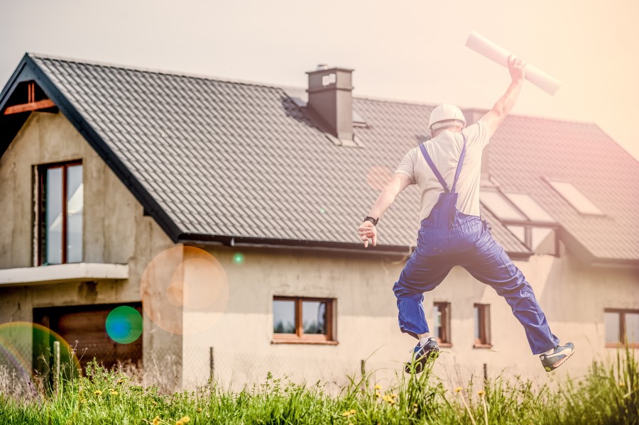 arquiteto, construtor, casa, desenhos técnicos, arquitetura, homem, adulto, alegria, salto, profissão,