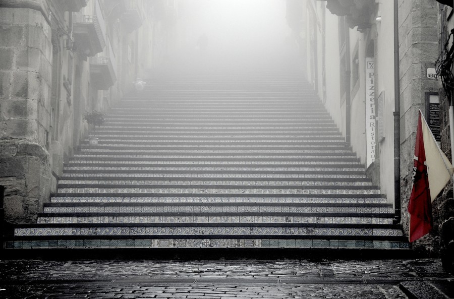 escadaria, cidade, antigas, arquitetura, ninguém, nevoeiro, nevoeiro, dia, mistério, misterioso,