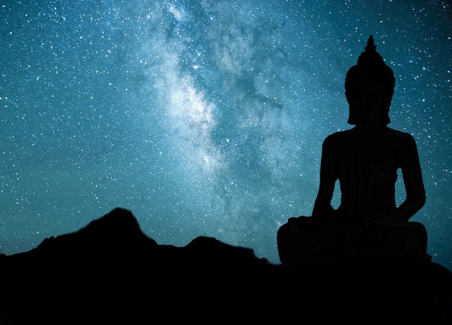Buda, budismo, estátua, céu, estrelas, universo, espiritualidade, via láctea, religião,