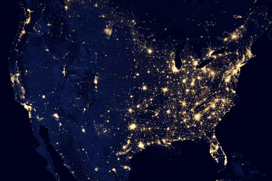 eua, satélite, imagem, iluminado, luzes, de cima, zenital, noite, iluminado, eua, eua,