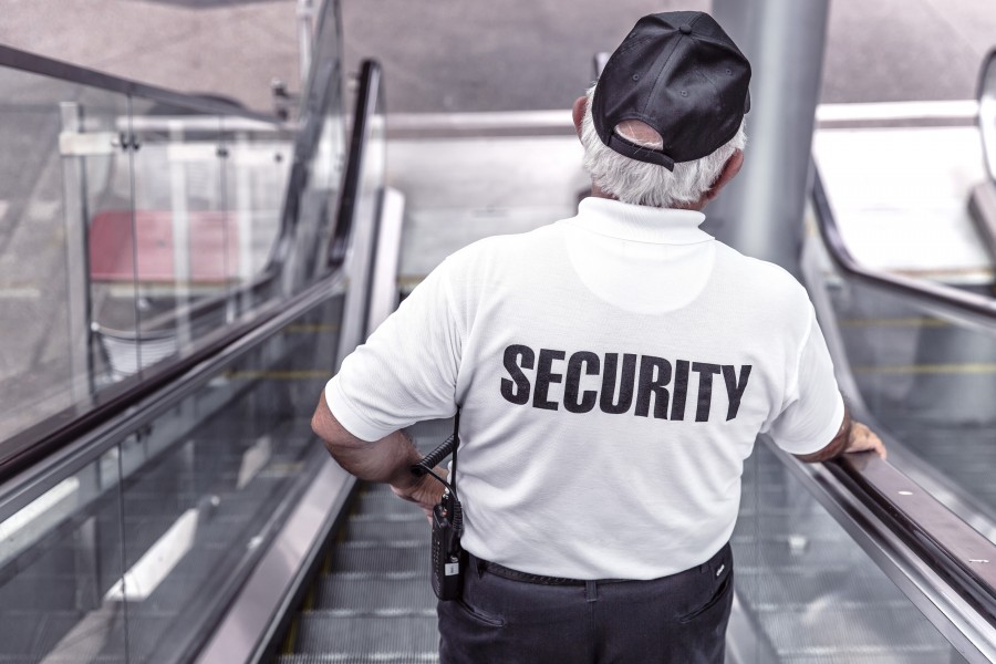 guarda, segurança, escada rolante, homem, adulto, monitor, vigilância, comércio, trabalho,