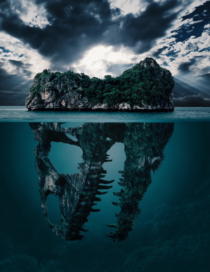 mistério, ilha, segredo, plano de fundo, papel de parede, desaparecimento, dinossauro, dinossauros, crânio, crânios, mar, oceano, isolado, oculto, assustador, fantasia, crafting, arte, nuvens, nebulosidade, paisagens, céu, fotos grátis, imagens livre, hd papel de parede