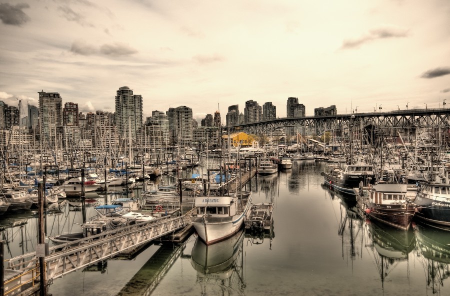 cidade, hdr, urbano, darsena, rio, barcos, ninguém, vancouver, canadá