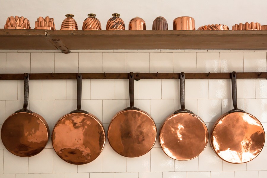 panela, panelas, frigideiras, panelas, cozinha, utensílio, interior, cobre, metais,