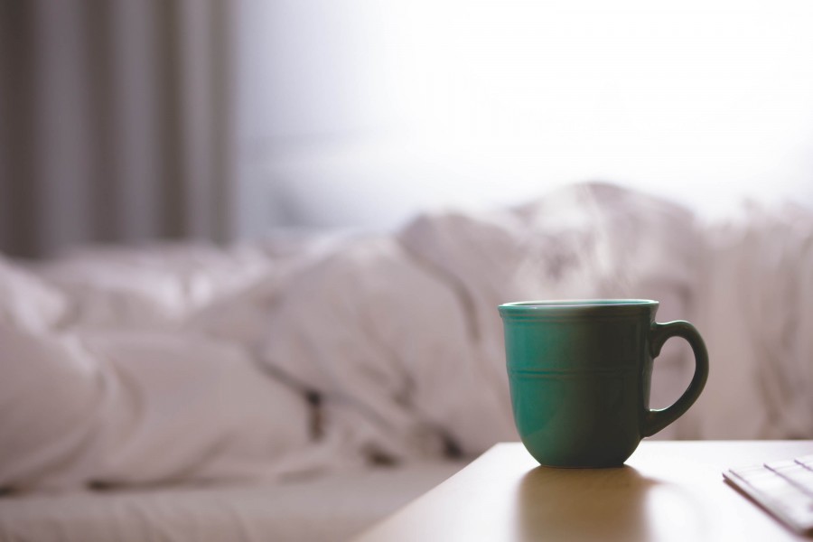 cama, sala, interior, folha, folhas, chá, café, bebida, quente, infusão, Copa, verde, cerâmica, sala, manhã, acordar, café da manhã,