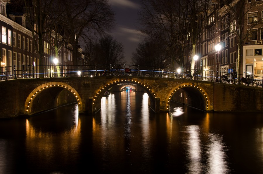 amsterdam, ponte, europa, holanda, cidade, urbanos, luzes, paisagem, noite, canal,