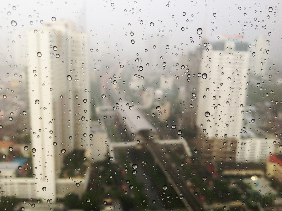 cidade, chuva, gotas, janela, edifícios, paisagem, urbano,