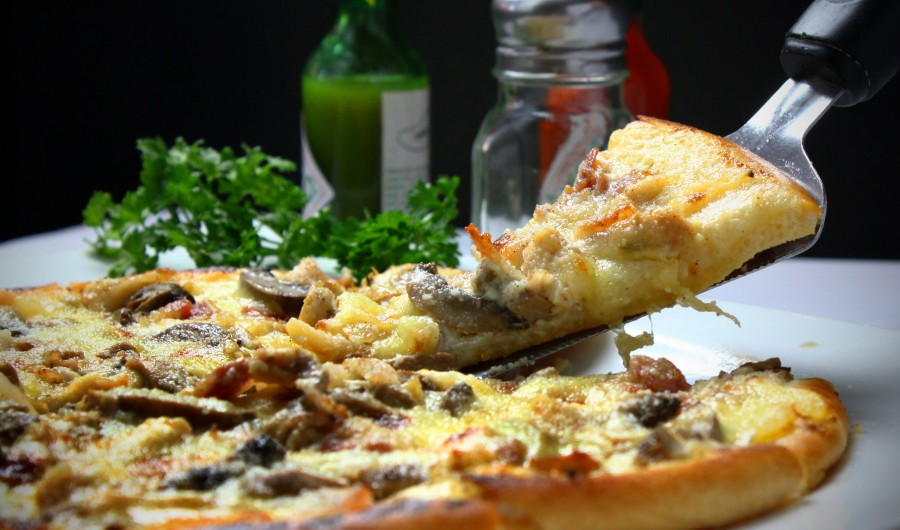 pizza, refeições, italiano, close-up, queijo, muzzarela, restaurante, porção, cogumelos, mozzarella