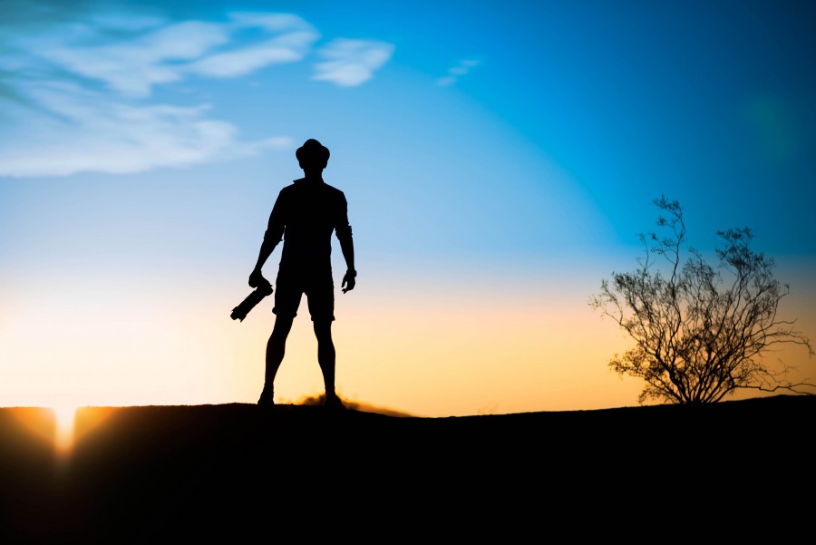Câmera, pôr do sol, azul, lentes, macho, homem, silhueta, nascer do sol,