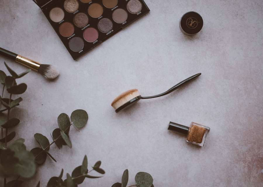Flatlay, maquiagem, escova, unha polonês, topdown, cosmético, estilo