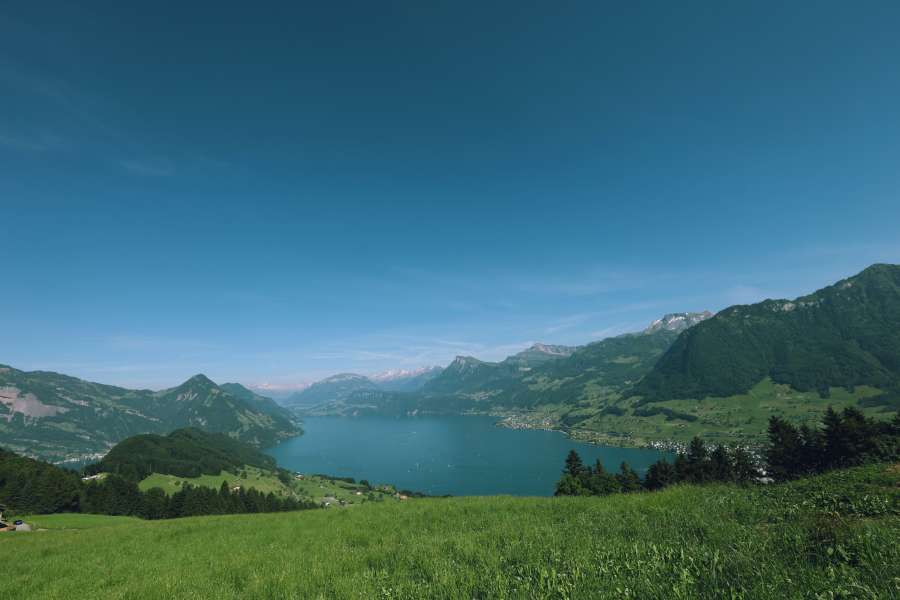 grama, verde, lago, paisagem, montanha, montanhas, natureza, suíço, suíça