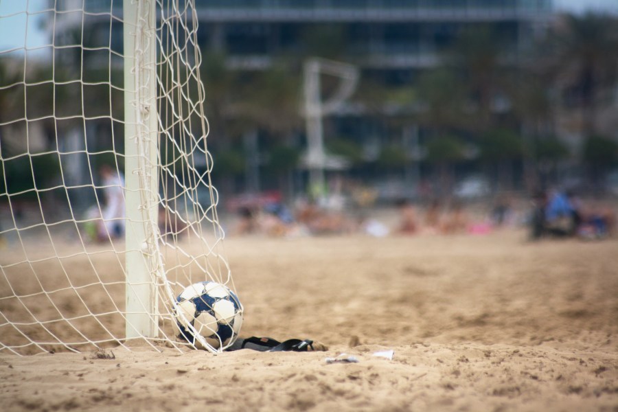 futebol, bola esporte, arco, net, objetivo, areia, vista frontal, futebol, praia, praia