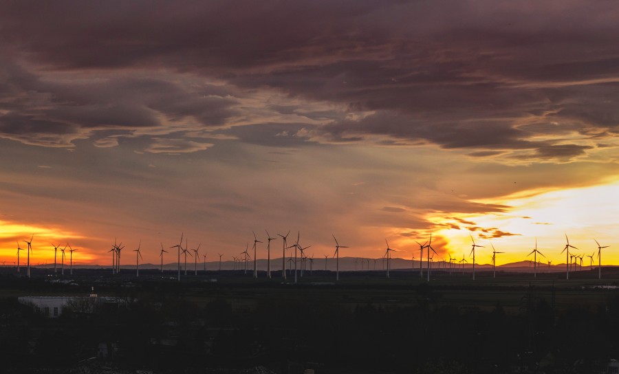 Turbina de vento, campo, eletricidade, pôr do sol, energia, renovável, conceito, vento,