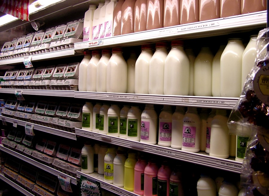 leite, bebida, garrafa, gôndola, supermercado, comércio, interior,