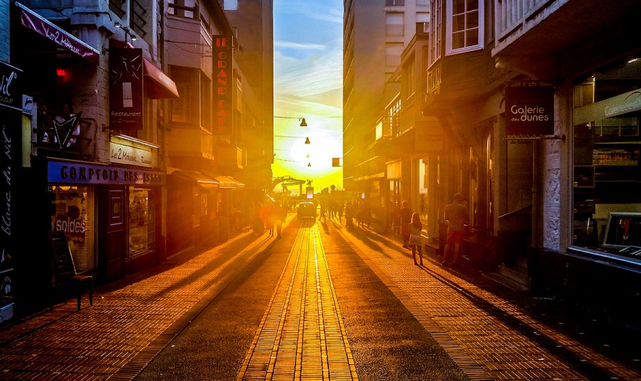 cidade, pôr do sol, rua, pôr do sol, efeito, dia, paisagem, urbano, lojas, negócios,