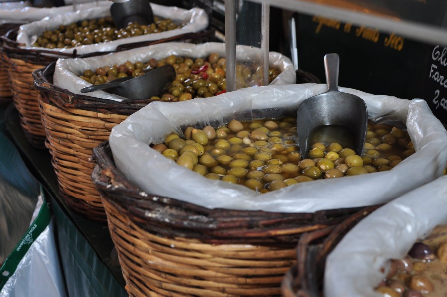 Azeitona, azeitonas, refeições, vista frontal, armazém, frutas, conservas, barril, comércio,