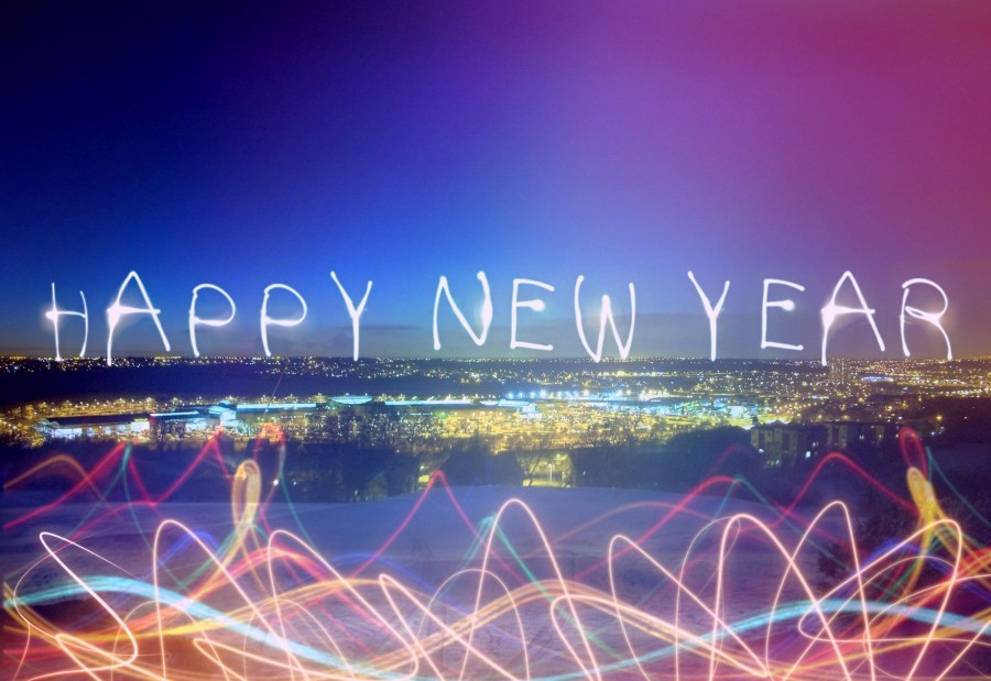 Véspera de Ano Novo 2018 ano novo, véspera de ano novo, 2017, conceito, luz, luzes, ilustração, cidade, noite,