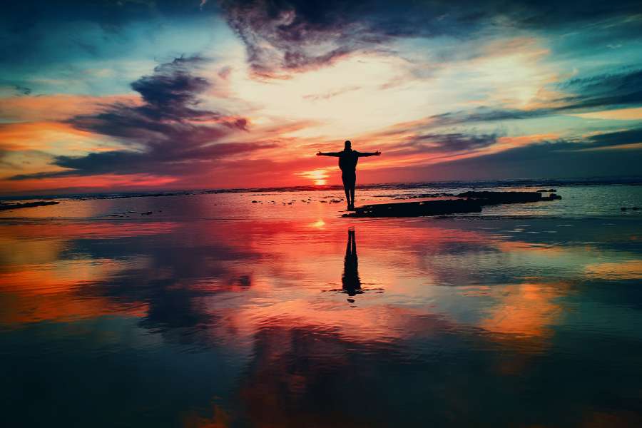 paisagem, pessoa, pôr do sol, céu, reflexão, oceano, mar, praia, água, litoral, costa, pôr do sol