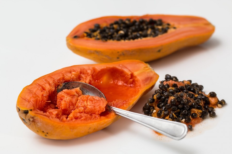mamão, frutas, tropical, fundo branco, refeições, sementes,